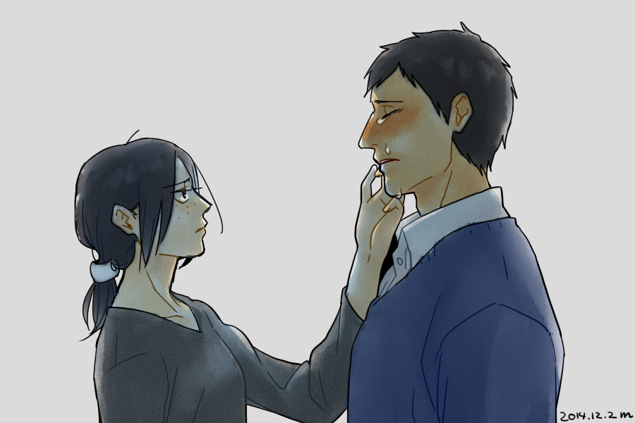 1boy, 1girl, bertolt_hoover, blush, collared_shirt, comforting, crying, freckles, from_side, hand_on_another's_cheek, hand_on_another's_face, looking_at_another, low_ponytail, mo(zu)co, ponytail, sad, shingeki_no_kyojin, shirt, short_hair, sweater, tears, upper_body, ymir_(shingeki_no_kyojin)