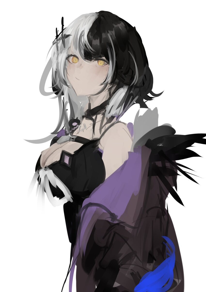 1girl, absurdres, black_hair, breasts, choker, cleavage, closed_mouth, from_side, highres, hololive, hololive_english, jacket, kakaeru, large_breasts, long_hair, looking_at_viewer, multicolored_hair, open_clothes, open_jacket, shiori_novella, shiori_novella_(1st_costume), simple_background, sleeveless, solo, split-color_hair, two-tone_hair, upper_body, virtual_youtuber, white_background, yellow_eyes