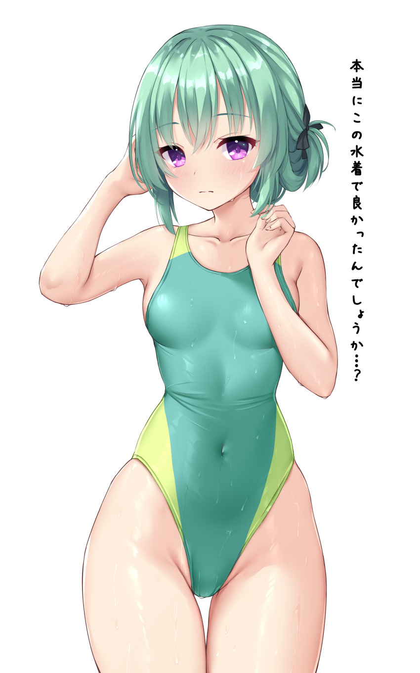 absurdres, breasts, commentary_request, competition_swimsuit, cowboy_shot, folded_hair, green_hair, green_one-piece_swimsuit, highleg, highleg_one-piece_swimsuit, highres, long_hair, ncontrail_(mgax7527), one-piece_swimsuit, purple_eyes, simple_background, small_breasts, standing, swimsuit, takadate_orie, thigh_gap, translation_request, two-tone_swimsuit, white_background, yuzusoft