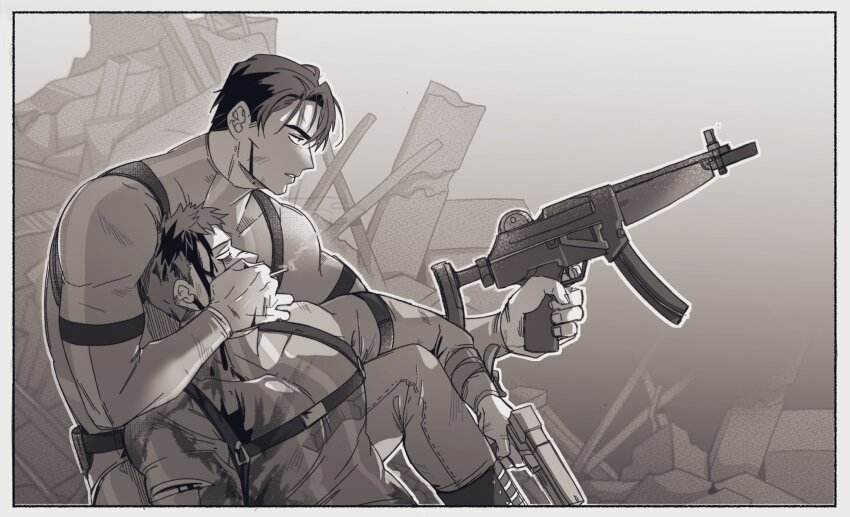 2boys, blood, blood_on_face, border, chest_harness, cigarette, covering_another's_mouth, eoduun_badaui_deungbul-i_doeeo