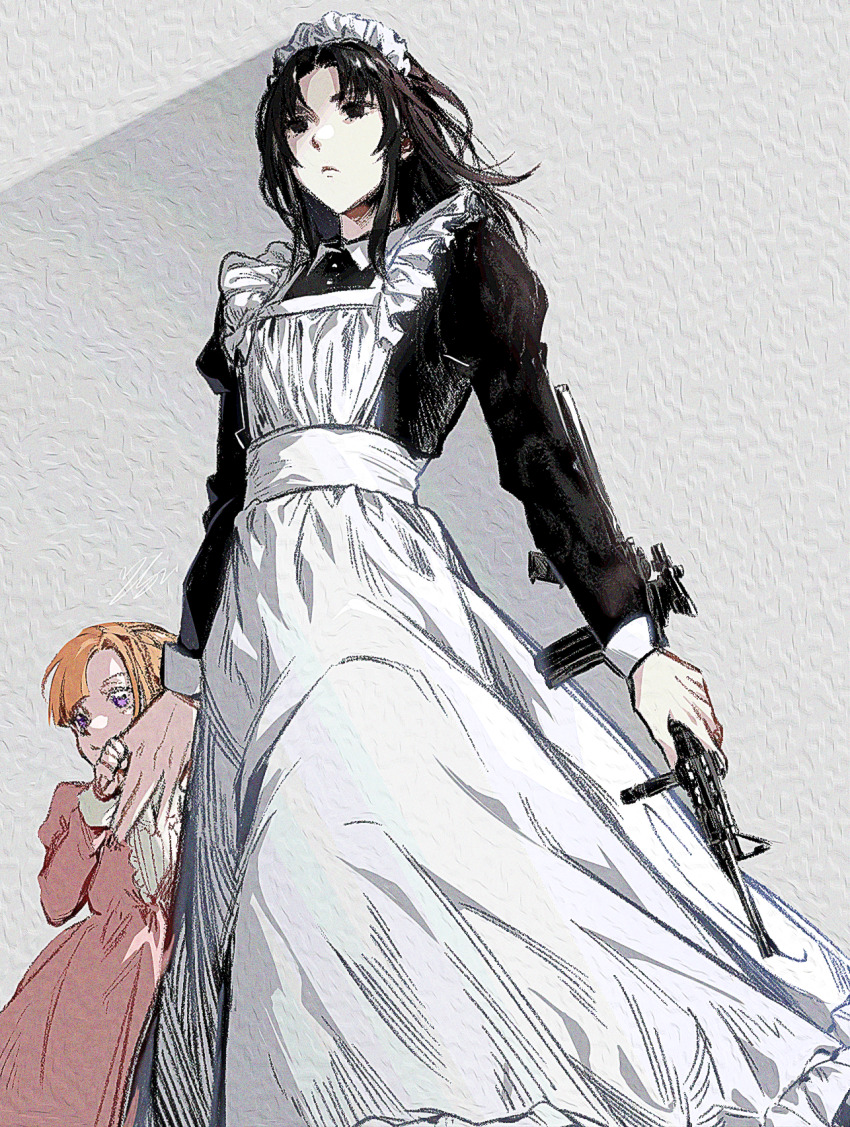 1boy, 1girl, aged_down, alternate_costume, androgynous, apron, assault_rifle, asymmetrical_bangs, black_dress, black_eyes, black_hair, blunt_bangs, chidouin_sara, child, closed_mouth, collared_dress, crossdressing, crossdressing_(mtf), dress, empty_eyes, enmaided, expressionless, feet_out_of_frame, grey_background, gun, highres, holding, holding_gun, holding_hands, holding_weapon, juliet_sleeves, kimi_ga_shine, long_hair, long_sleeves, maid, maid_apron, maid_headdress, male_maid, orange_hair, parted_bangs, puffy_sleeves, purple_eyes, red_dress, rifle, saesoon_dobby, satou_kai, standing, weapon, white_apron
