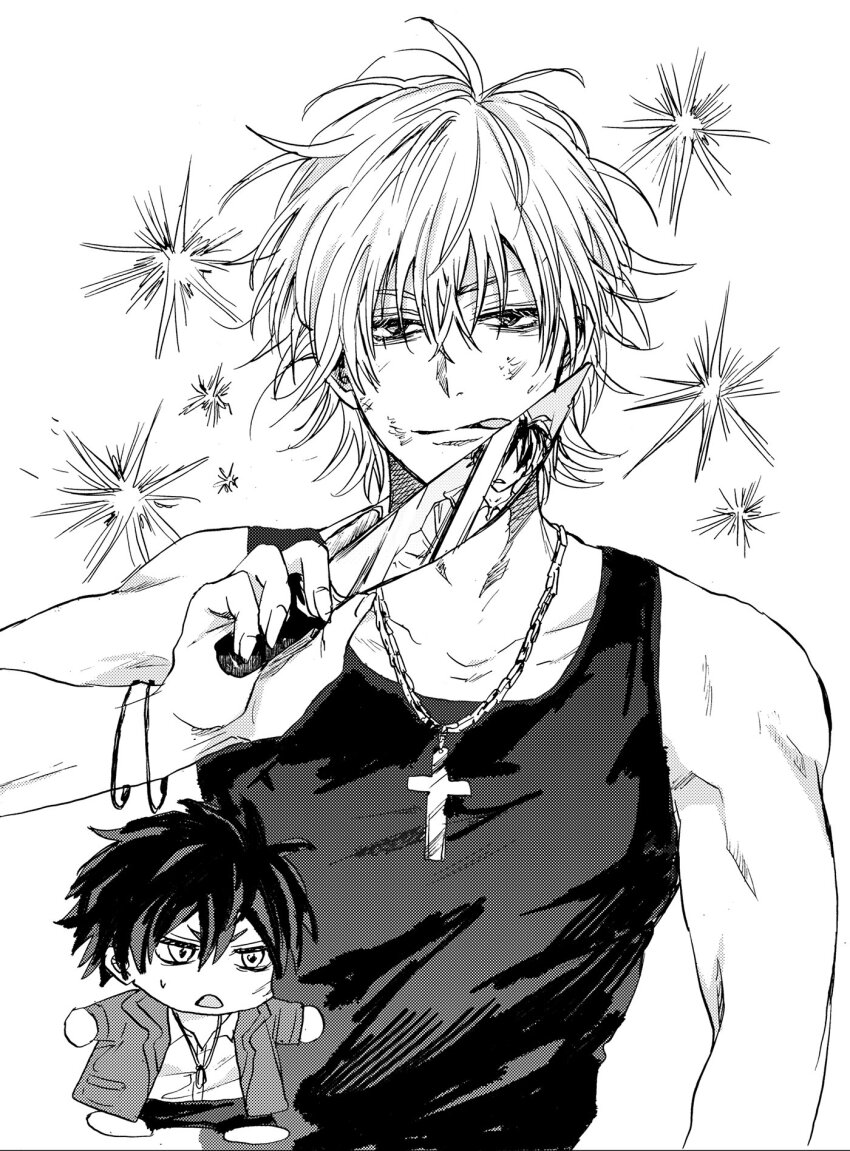 2boys, black_hair, chibi, coro_(leocorok), cross, cross_necklace, darren_shan, highres