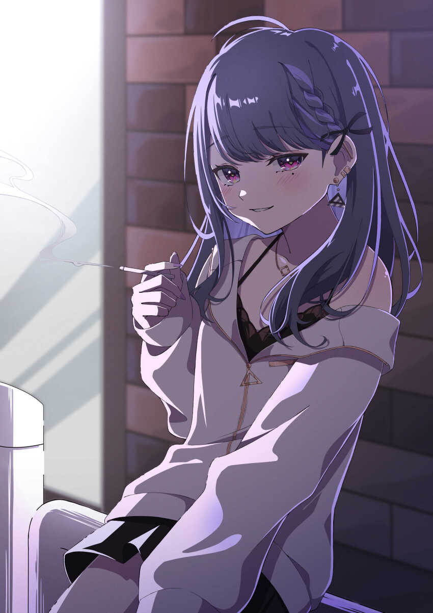 1girl, absurdres, akashi_(4kc_27), black_camisole, black_skirt, blush, camisole, cigarette, commentary, earrings, highres, holding, holding_cigarette, jacket, jewelry, koshimizu_toru, koshimizu_toru_(2nd_costume), long_hair, mole, mole_under_eye, necklace, nijisanji, pink_eyes, pleated_skirt, skirt, solo, untranslatable_commentary, triangle_earrings, virtual_youtuber, white_jacket