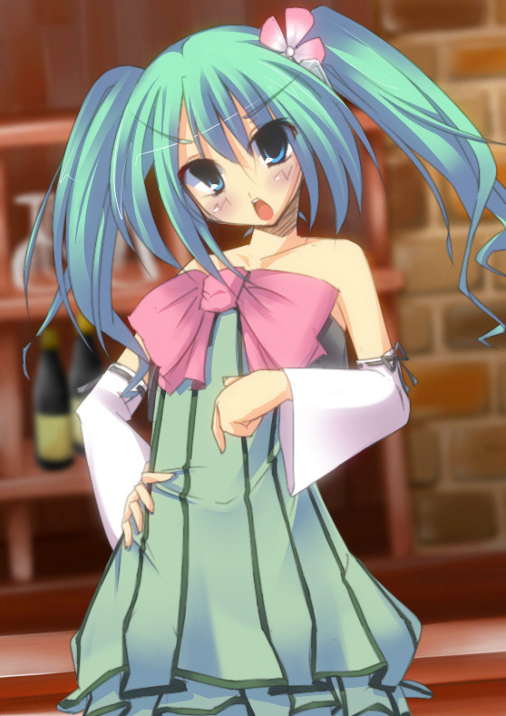 1girl, aqua_eyes, aqua_hair, bad_id, bad_pixiv_id, bare_shoulders, blush, bow