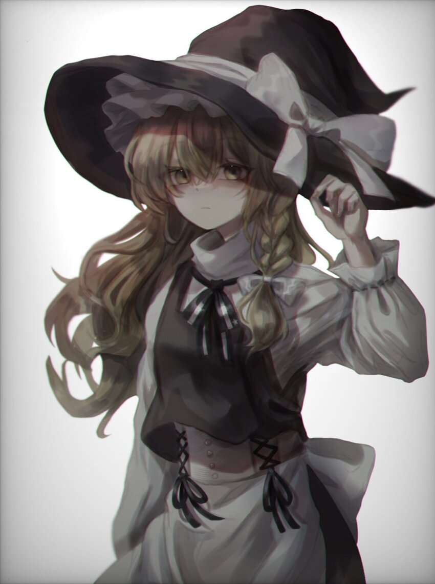 1girl, apron, back_bow, black_hat, black_ribbon, black_shirt, black_vest, blonde_hair, bow, chromatic_aberration, closed_mouth, commentary, corset, cowboy_shot, hair_between_eyes, hand_on_headwear, hat, hat_bow, hat_ribbon, highres, karasu2023_2, kirisame_marisa, large_hat, long_hair, long_sleeves, looking_at_viewer, neck_ribbon, ribbon, shirt, simple_background, solo, touhou, vest, waist_apron, white_apron, white_bow, white_corset, white_ribbon, white_shirt, witch_hat, yellow_eyes