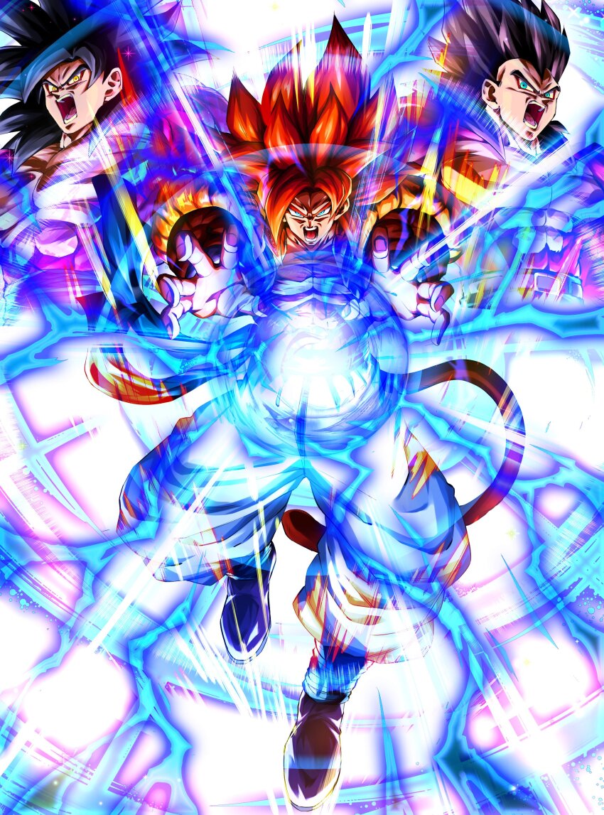absurdres, big_bang_kamehameha, black_hair, blue_eyes, blue_sash, body_fur, dragon_ball, dragon_ball_gt, energy, energy_ball, gogeta, highres, incoming_attack, kamehameha_(dragon_ball), long_hair, looking_at_viewer, male_focus, metamoran_vest, monkey_boy, monkey_tail, multiple_boys, muscular, muscular_male, no_nipples, open_mouth, pants, pectorals, red_fur, red_hair, rz28kp, saiyan, sash, son_goku, spiked_hair, super_saiyan, super_saiyan_4, tail, teeth, vegeta, white_pants