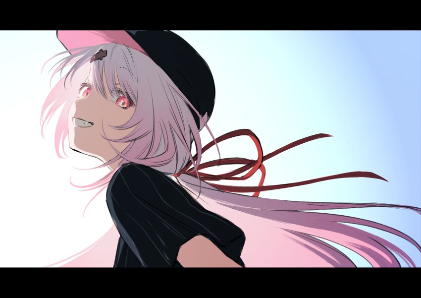 1girl, absurdres, black_hat, black_shirt, dt_777_tb, grin, hat, highres