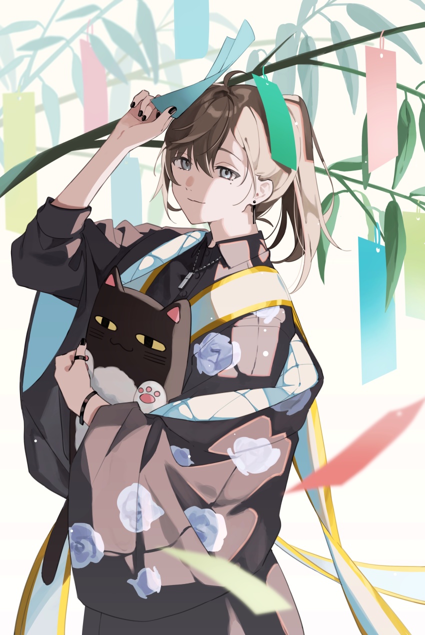 1boy, absurdres, black_nails, bracelet, brown_hair, cc_rock, grey_eyes, highres