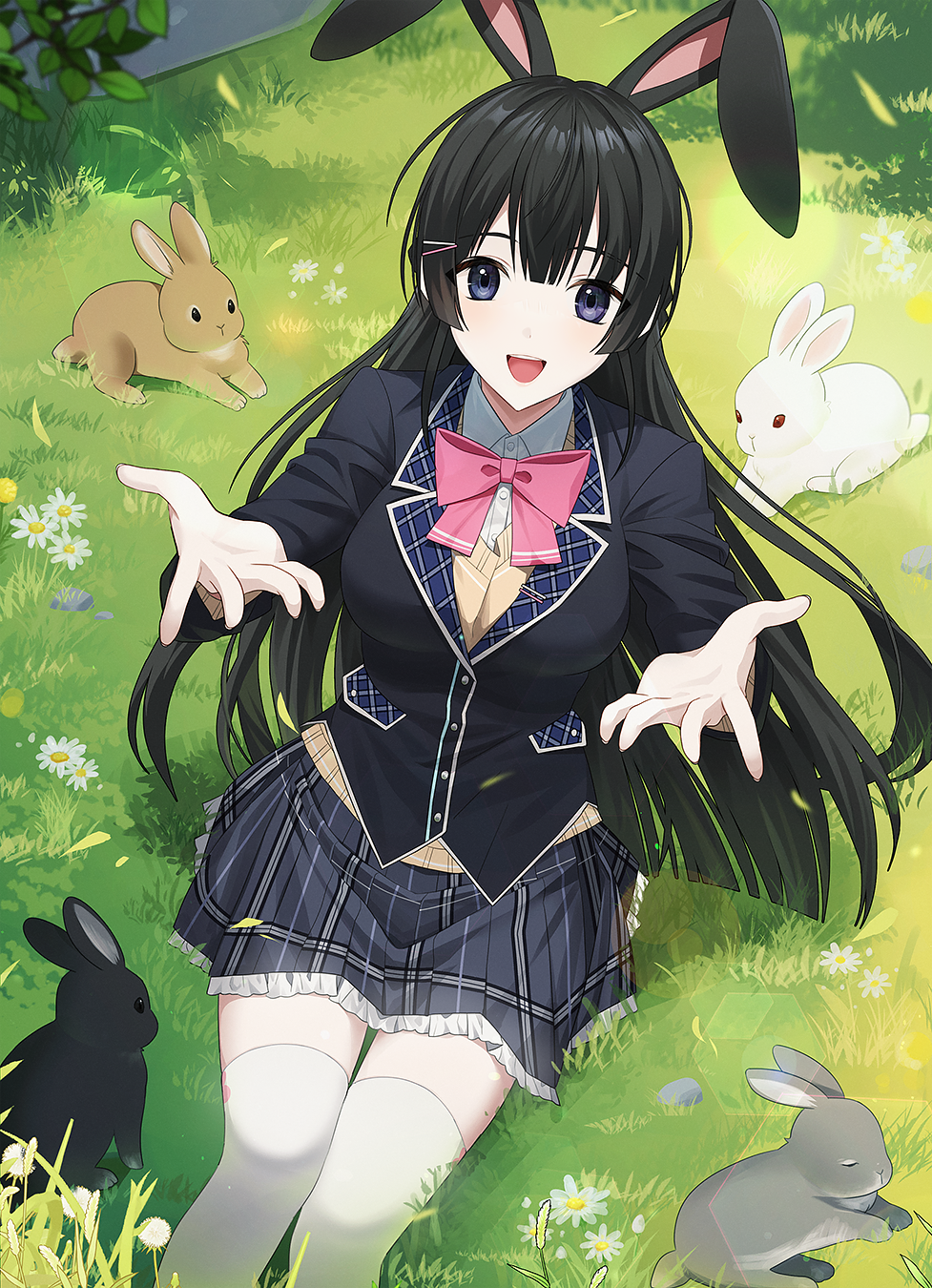 1girl, animal_ears, beckoning, black_hair, black_jacket, blazer, blue_eyes, bow