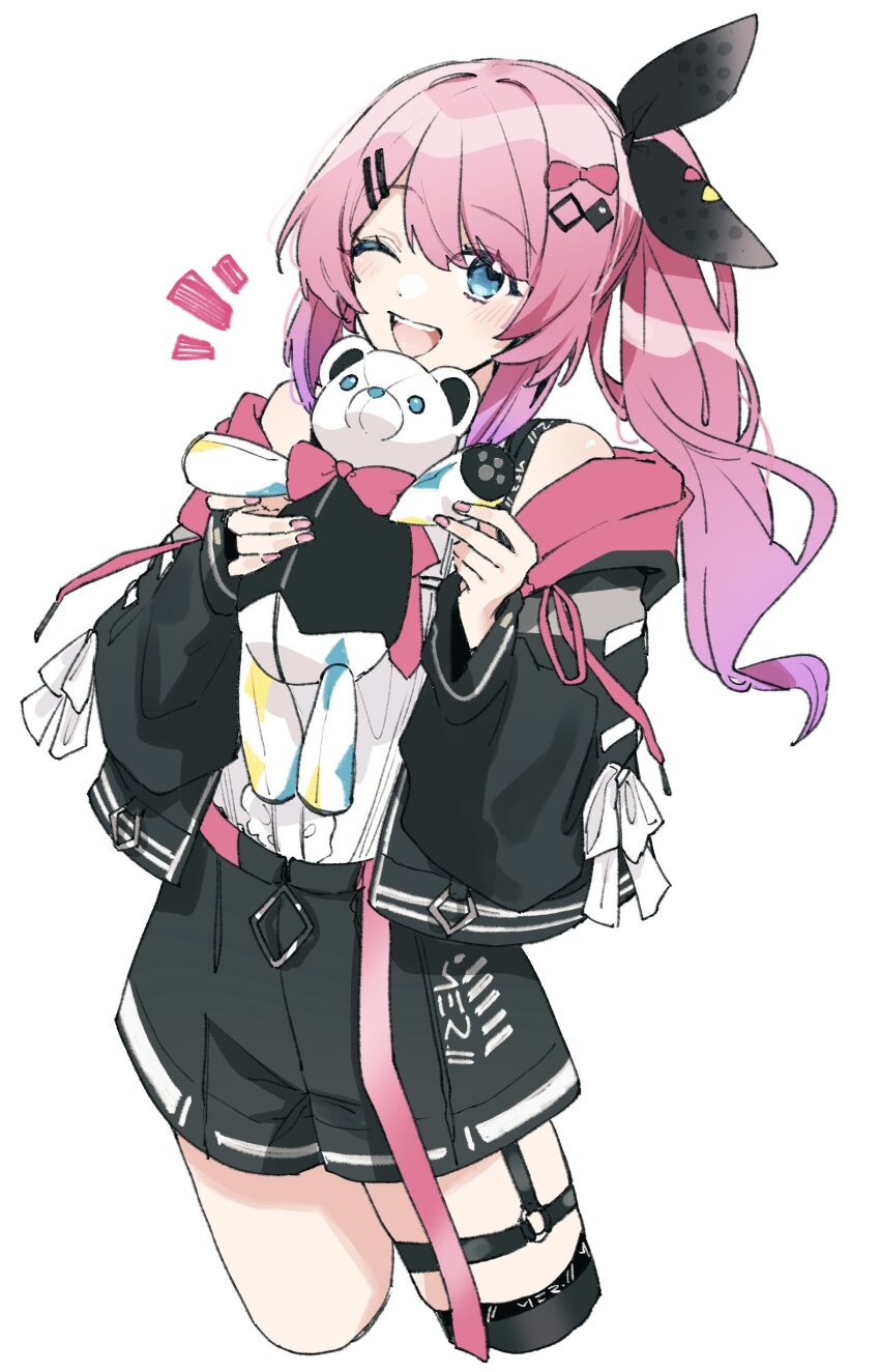 1girl, absurdres, black_jacket, black_shorts, blue_eyes, cropped_legs, gradient_hair, hair_ornament