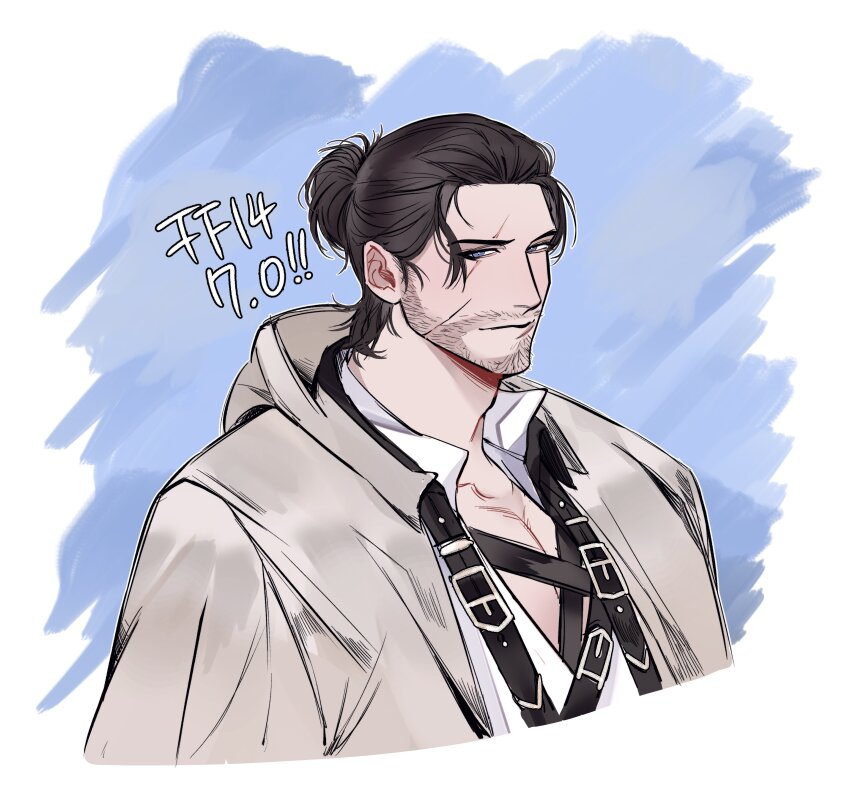 1boy, absurdres, adventurer_(ff14), bara, beard_stubble, chest_harness, cropped_torso, facial_hair, final_fantasy, final_fantasy_xiv, harness, highres, hyu_rest, looking_at_viewer, male_focus, mature_male, muscular, muscular_male, mustache_stubble, pectoral_cleavage, pectorals, scar, scar_across_eye, scar_on_face, short_hair, smile, solo, stubble, thick_eyebrows, warrior_of_light_(ff14), warrior_of_light_(trailer_7)_(ff14)