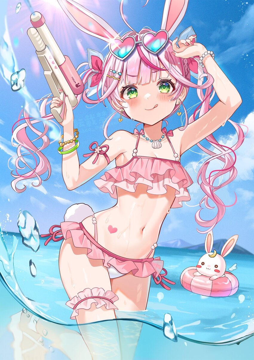 1girl, :q, animal_ears, bikini, blush, bracelet, earrings, eyewear_on_head, green_eyes, heart, heart-shaped_eyewear, heart_earrings, heart_tattoo, highres, in_water, indie_virtual_youtuber, jewelry, long_hair, mochizuki_nako, navel, necklace, pink_bikini, pink_hair, pink_nails, rabbit_ears, rabbit_girl, rabbit_tail, satoupote, second-party_source, shell, shell_necklace, solo, sunglasses, swimsuit, tail, tattoo, tongue, tongue_out, twintails, virtual_youtuber, water_gun