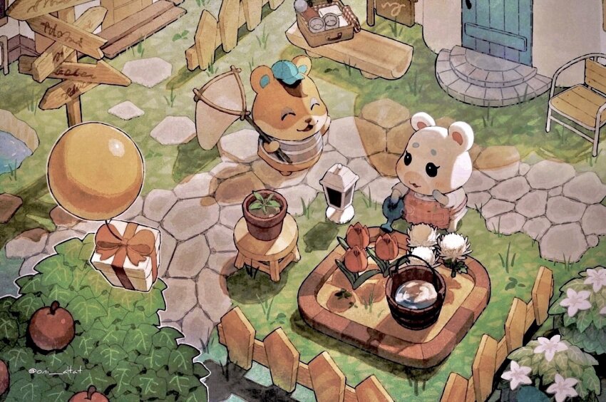 1boy, 1girl, ^_^, animal_crossing, apple, apple_tree, apron, artist_name