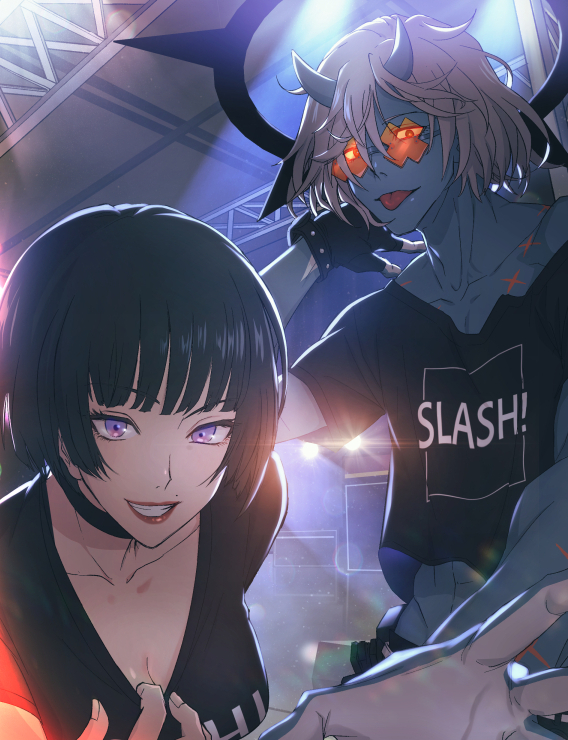 1boy, 1girl, :p, alternate_costume, black_choker, black_gloves, black_hair, black_halo