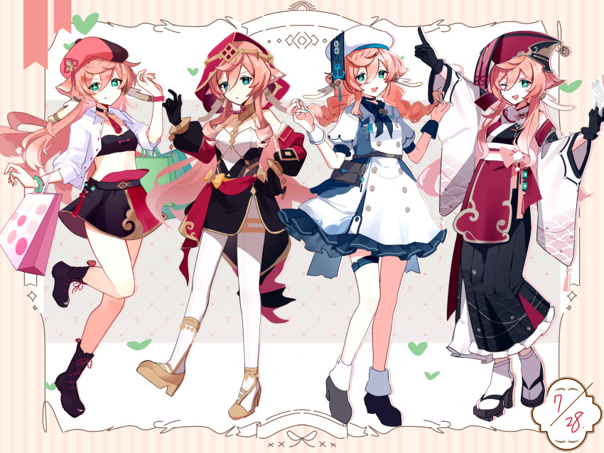 1girl, :d, :o, adapted_costume, bag, bandeau, beret, black_footwear