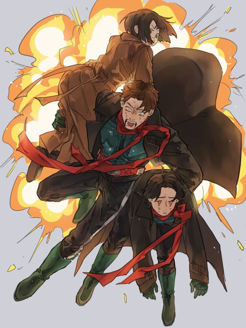 1girl, 2boys, antennae, artist_name, bbbb_fex, belt, black_bodysuit, black_coat