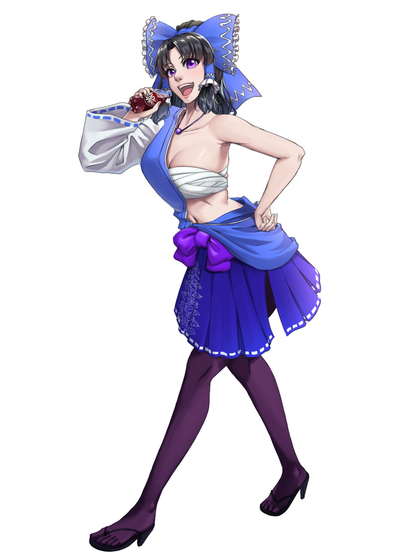 1girl, :d, absurdres, arm_up, bare_shoulders, black_hair, blue_bow, blue_dress