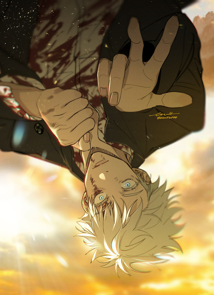 1boy, absurdres, black_jacket, blood, blood_on_clothes, blood_on_face, blue_eyes, closed_mouth