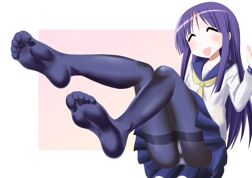 1girl, ^_^, absurdres, ahoterasoryo, blue_pantyhose, blue_sailor_collar, blue_skirt, blush, border, closed_eyes, collarbone, commission, feet, feet_up, foreshortening, full_body, hand_up, highres, hinata_yukari, kneehighs, knees_together_feet_apart, knees_up, legs, looking_at_viewer, neckerchief, no_shoes, open_mouth, panties, panties_under_pantyhose, pantyhose, parted_bangs, pink_background, pixiv_commission, pleated_skirt, purple_hair, sailor_collar, school_uniform, serafuku, skirt, socks, soles, solo, thighband_pantyhose, thighs, toes, underwear, white_border, white_panties, yellow_neckerchief, yuyushiki, yuyushiki's_school_uniform
