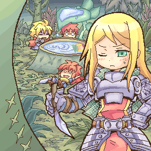 2boys, 2girls, alchemist_(sekaiju), alchemist_3_(sekaiju), armor, armored_dress, atlus, blonde_hair, character_request, dress, etrian_odyssey, green_eyes, hand_on_own_hip, hip_focus, lowres, medic_(sekaiju), medic_1_(sekaiju), multiple_boys, multiple_girls, one_eye_closed, paladin_(sekaiju), paladin_2_(sekaiju), pote_(ptkan), ranger_(sekaiju), ranger_1_(sekaiju), sweatdrop, swordsman_(sekaiju), swordsman_2_(sekaiju), wink