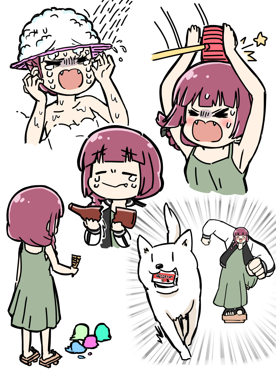 >_<, 1girl, alcohol_carton, arms_up, bocchi_the_rock!, braid, braided_ponytail, breasts