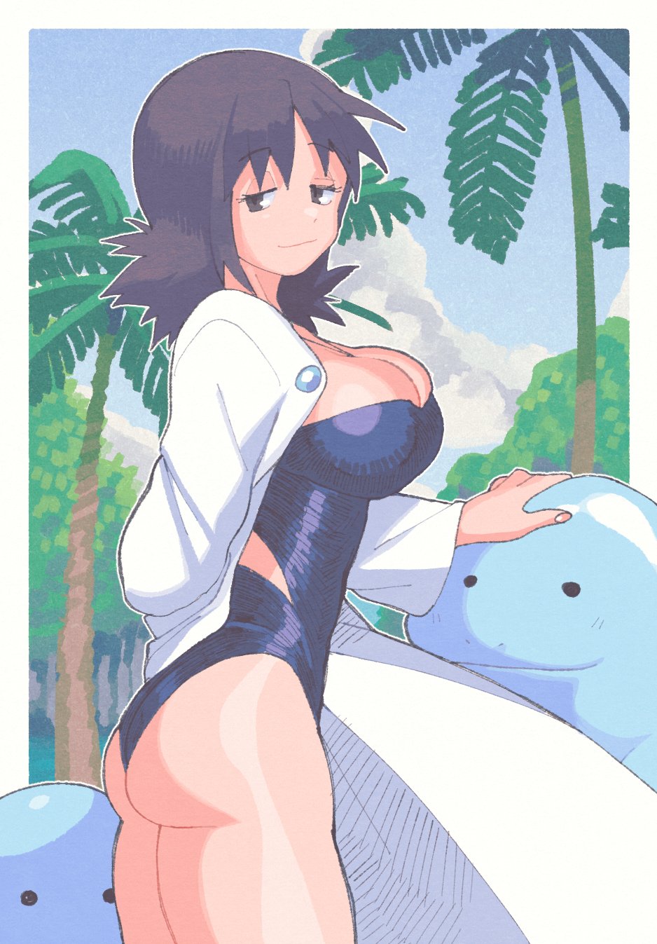 1girl, ass, blue_one-piece_swimsuit, breasts, cleavage, clothing_cutout, commentary, gen_2_pokemon