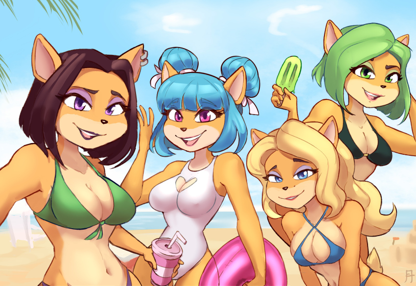 4girls, absurdres, alex_toons, ami_bandicoot, animal_ears, beach, bikini, blonde_hair, blue_bikini, blue_eyes, blue_hair, blue_sky, brown_hair, crash_bandicoot_(series), cup, double_bun, food, furry, green_bikini, green_eyes, green_hair, hair_bun, highres, holding, holding_cup, holding_food, holding_ice_cream, ice_cream, innertube, isabella_bandicoot, liz_bandicoot, long_hair, looking_at_viewer, medium_hair, megumi_(crash_bandicoot), multiple_girls, one-piece_swimsuit, open_mouth, outdoors, pink_eyes, purple_eyes, sky, swim_ring, swimsuit, teeth, upper_teeth_only, water, white_one-piece_swimsuit