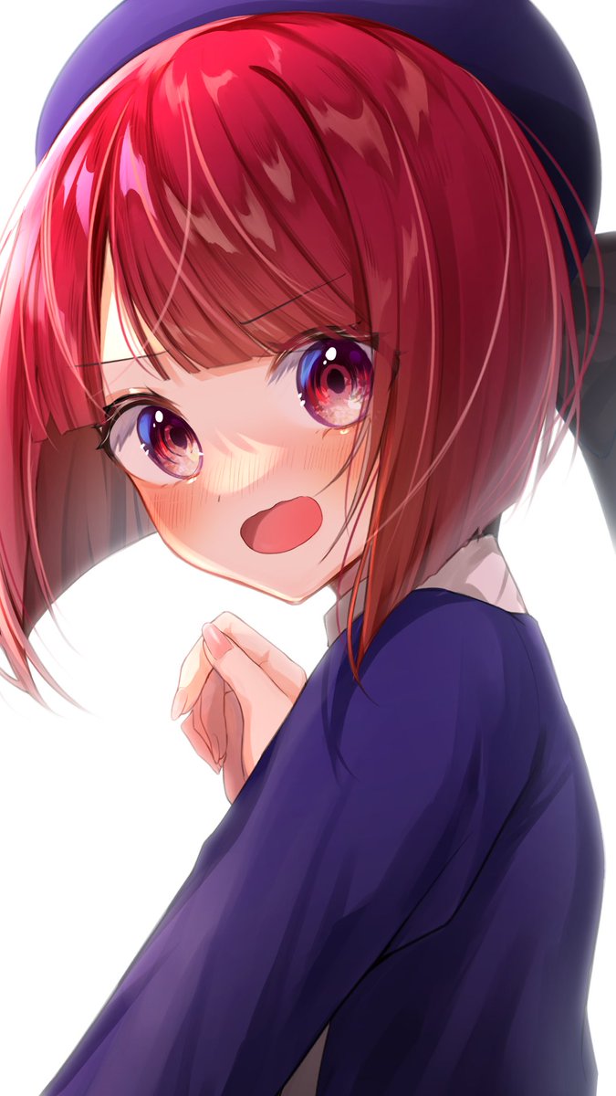 1girl, amakami_konomi_(artist), arima_kana, blue_headwear, blue_jacket, blush, bob_cut, hat
