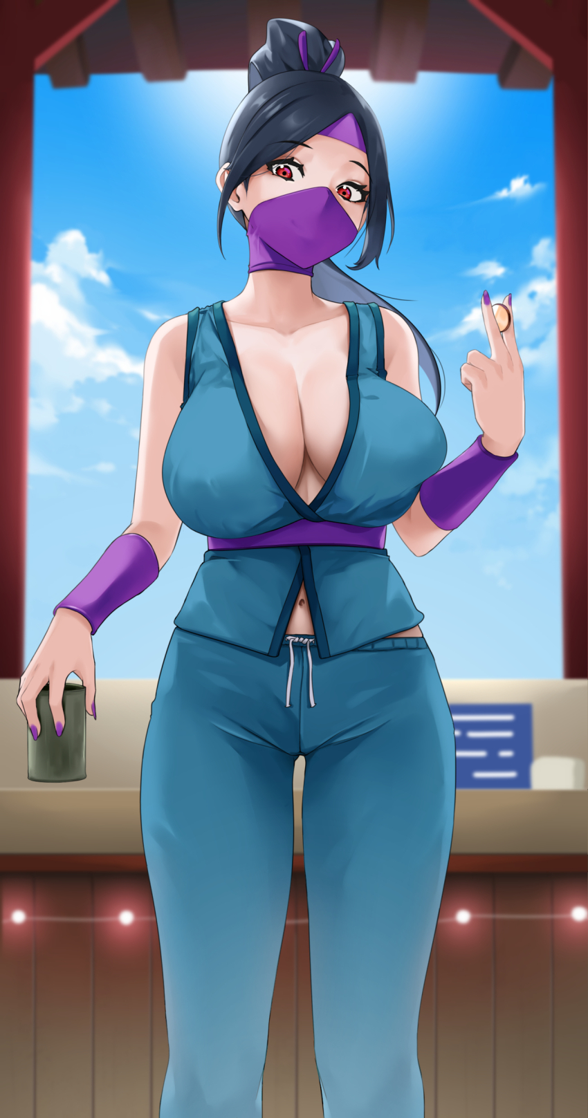 1girl, arm_guards, bare_shoulders, black_hair, blue_pants, blue_shirt, breasts, cleavage, cloud, cup, dave_the_diver, headband, high_ponytail, highres, holding, holding_cup, itsuki_(dave_the_diver), japanese_clothes, large_breasts, mask, mintrocket, mouth_mask, navel, nexon, ninja, ninja_mask, noir_(4chan), pants, parted_bangs, ponytail, purple_headband, purple_nails, red_eyes, shirt, sidelocks, sky, sleeveless, sleeveless_shirt, solo, standing, underbust, v