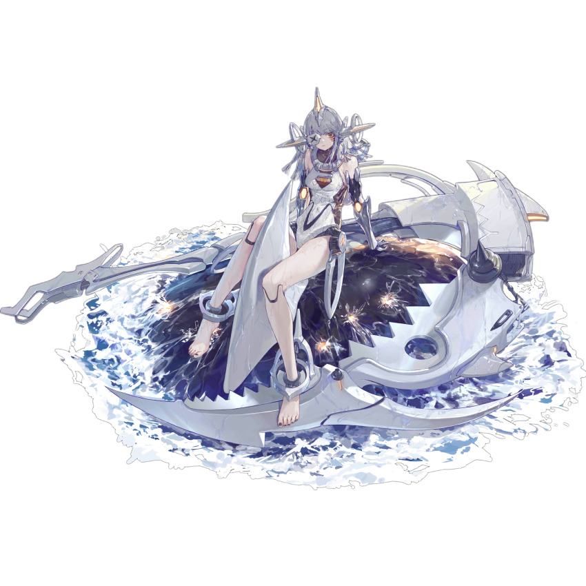 1girl, alina_(girls'_frontline), alina_(mosasaur_rider)_(girls'_frontline), arm_support, artist_request, barefoot, black_nails, breasts