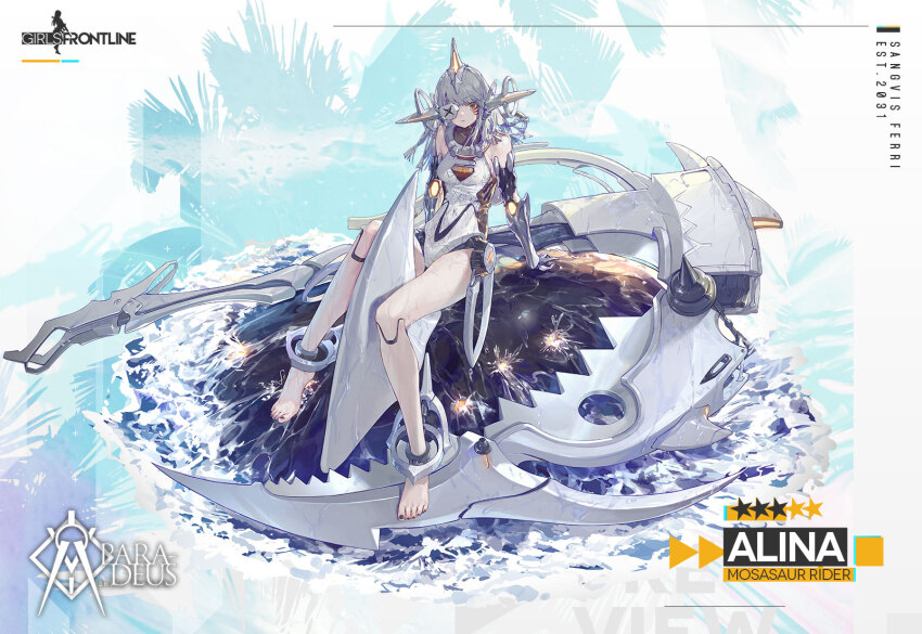 1girl, alina_(girls'_frontline), alina_(mosasaur_rider)_(girls'_frontline), android, arm_support, artist_request, barefoot, black_nails