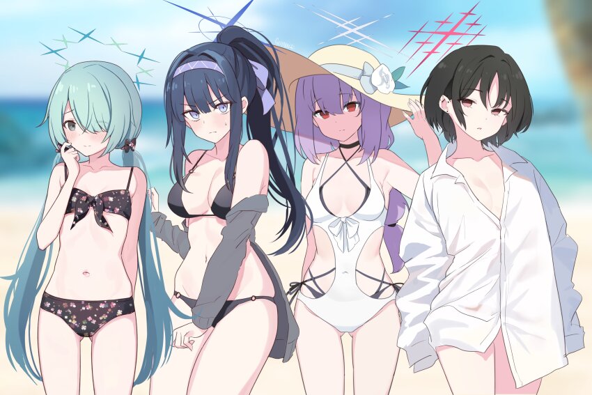 4girls, absurdres, alternate_breast_size, atsuko_(blue_archive), bikini, black_bikini, black_hair, blue_archive