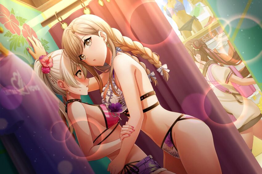 3girls, bikini, blush, bow, braid, breasts, changing_room, couple, curtains, d4dj, denim, denim_shorts, earrings, flower, hair_bow, hair_flower, hair_ornament, hand_on_another's_arm, hand_on_another's_waist, hiding, jewelry, kabedon, kaibara_michiru, large_breasts, long_hair, looking_at_another, medium_breasts, multiple_girls, nail_polish, official_alternate_costume, official_art, pink_nails, purple_nails, shinomiya_kokoa, short_shorts, shorts, sweatdrop, swimsuit, tendou_hayate, twin_braids, twintails, white_bow, yuri