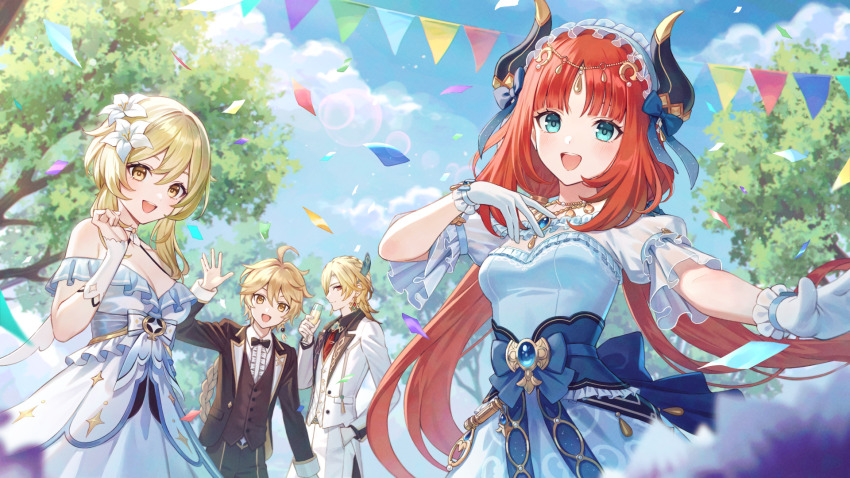 2boys, 2girls, :d, aether_(genshin_impact), ahoge, bare_shoulders, black_bow, black_bowtie, black_jacket, black_pants, black_suit, black_vest, blazer, blonde_hair, blue_eyes, blue_gem, blue_sky, bow, bowtie, breasts, brooch, brown_eyes, circlet, cleavage, cloud, cloudy_sky, collarbone, confetti, cowboy_shot, day, dress, earrings, fake_horns, flower, formal_clothes, gem, genshin_impact, gloves, gold_necklace, gold_trim, hair_between_eyes, hair_flower, hair_ornament, hand_in_pocket, harem_outfit, highres, horns, jacket, jewelry, kaveh_(genshin_impact), kaveh_(gigo)_(genshin_impact), lens_flare, long_sleeves, looking_at_viewer, lumine_(genshin_impact), medium_breasts, multiple_boys, multiple_girls, nature, necklace, nilou_(genshin_impact), nilou_(gigo)_(genshin_impact), off-shoulder_dress, off_shoulder, open_clothes, open_jacket, open_mouth, orange_hair, outdoors, pants, party, red_eyes, short_hair, short_hair_with_long_locks, short_sleeves, sidelocks, sky, smile, string_of_flags, suit, tokki, traditional_bowtie, tree, veil, vest, white_dress, white_flower, white_gloves, white_headdress, white_suit, white_veil