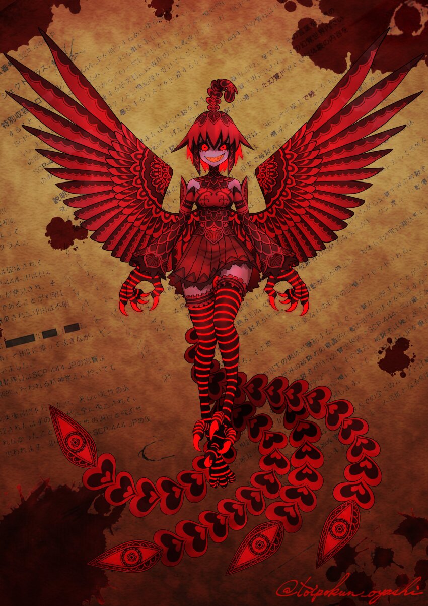 1girl, absurdres, animal_feet, animal_hands, artist_name, bare_shoulders, bird, bird_legs, bird_tail, bird_wings, black_sclera, blood, brown_background, colored_sclera, colored_teeth, constricted_pupils, detached_sleeves, dress, evil_grin, evil_smile, feather_hair, full_body, glowing, glowing_hair, grin, harpy, highres, looking_at_viewer, monster_girl, orange_teeth, original, phoenix, red_dress, red_eyes, red_hair, red_wings, sharp_teeth, short_hair, smile, solo, striped_clothes, striped_thighhighs, tail, talons, teeth, thighhighs, toipokun_oyashi, twitter_username, wings