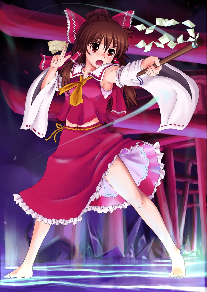 1girl, armpits, bad_id, bad_pixiv_id, barefoot, bow, brown_hair, detached_sleeves, feet, female_focus, gohei, hair_bow, hakurei_reimu, hoffman, japanese_clothes, long_hair, miko, monsuu_(hoffman), red_eyes, solo, torii, touhou