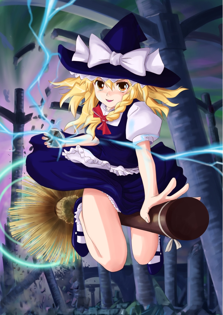 1girl, bad_id, bad_pixiv_id, blonde_hair, braid, broom, broom_riding, female_focus