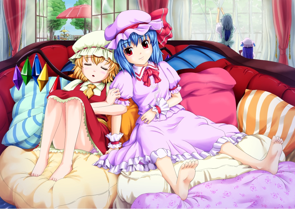 6+girls, bad_id, bad_pixiv_id, barefoot, bat_wings, blonde_hair, blue_hair, cirno, couch, curtains, feet, flandre_scarlet, hat, hoffman, hong_meiling, izayoi_sakuya, long_hair, maid, monsuu_(hoffman), multiple_girls, parasol, patchouli_knowledge, purple_hair, red_eyes, remilia_scarlet, short_hair, siblings, silver_hair, sisters, sleeping, soles, embodiment_of_scarlet_devil, toes, touhou, tree, umbrella, window, wings