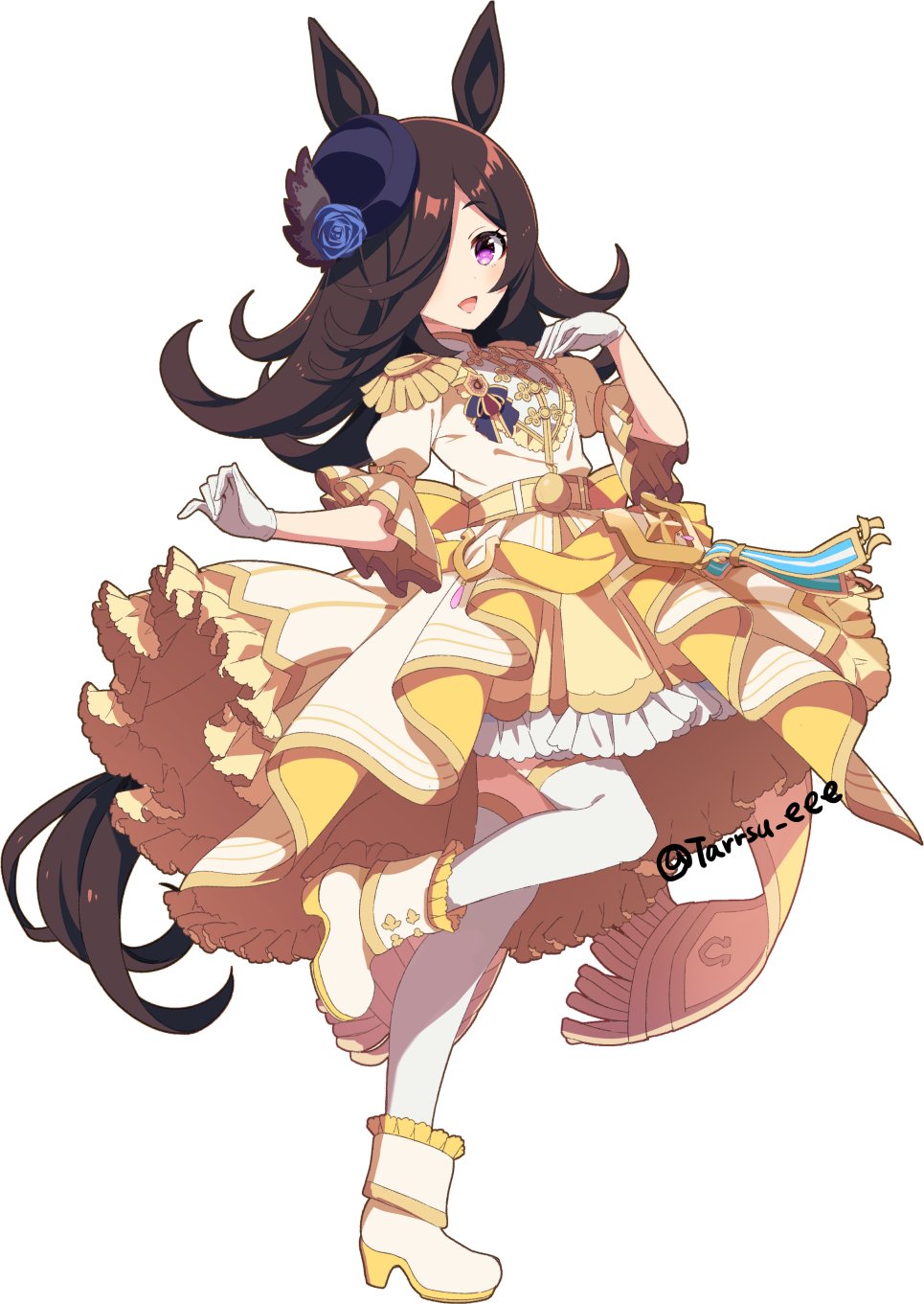 1girl, :d, blue_flower, blue_hat, blue_rose, boots, brown_hair, flower, full_body, gloves, hair_over_one_eye, hat, hat_flower, highres, horse_girl, long_hair, looking_at_viewer, official_alternate_costume, open_mouth, puffy_short_sleeves, puffy_sleeves, purple_eyes, rice_shower_(umamusume), rose, setsura_(aowata35), short_sleeves, simple_background, smile, solo, thighhighs, tilted_headwear, twitter_username, umamusume, white_background, white_gloves, white_thighhighs