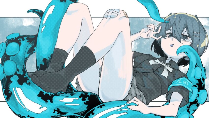 1girl, arm_rest, armband, bandaid, bandaid_on_knee, bandaid_on_leg, bent_v, black_shirt