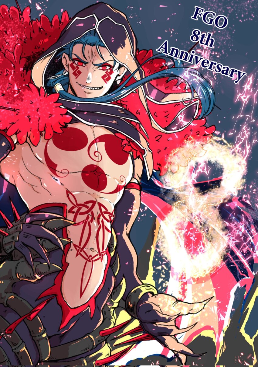 1boy, abs, anniversary, bare_pectorals, betushio, blue_hair, bodypaint, cu_chulainn_(fate)
