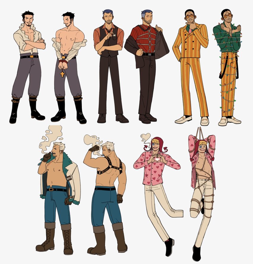 5boys, bara, bare_pectorals, bdsm, beard, black_hair, blonde_hair, bondage, bondage_under_clothes, bound, bound_wrists, cigar, cigarette, collared_shirt, cross, cross_necklace, crossed_arms, donquixote_rocinante, dracule_mihawk, facial_hair, flexing, formal_clothes, goatee, goatee_stubble, heart, heart_hands, heart_print, highres, iceburg, jakkenpoy, jewelry, kizaru_(one_piece), long_sleeves, looking_at_viewer, makeup, male_focus, mature_male, multiple_boys, multiple_views, muscular, muscular_male, navel, necklace, necklace_bind, necktie, nipples, one_piece, open_clothes, open_shirt, pants, pectorals, red_hood, rope, shirt, short_hair, sideburns, sideburns_stubble, smile, smoke_heart, smoker_(one_piece), smoking, stomach, striped_suit, strongman_waist, stubble, suit, undressing, vest, white_background