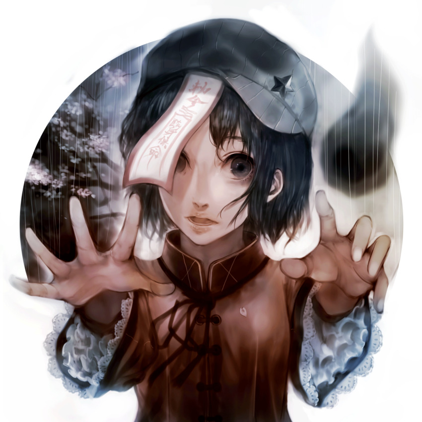 1girl, album_cover, black_ribbon, blue_eyes, blue_hair, blue_hat, newsboy_cap, cherry_blossoms