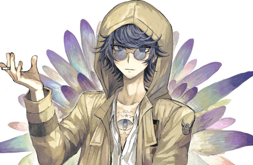 1boy, blue-tinted_eyewear, blue_eyes, blue_hair, brown_coat, chest_tattoo, cigarette, coat
