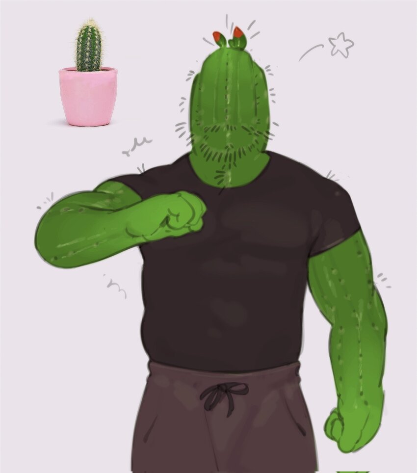 1boy, 1kogito1, bara, beard_stubble, cactus, cactus_boy, clenched_hands, colored_skin