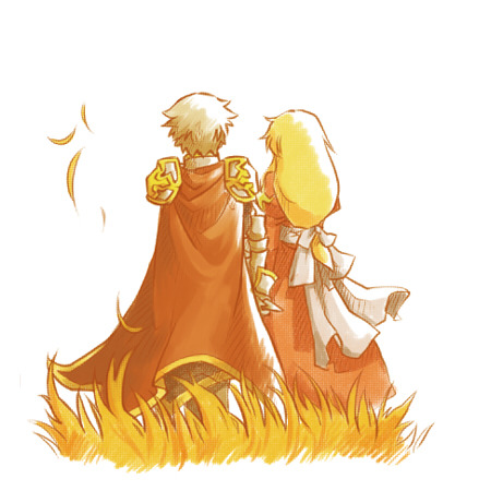 1boy, 1girl, armor, artist_request, back_bow, blonde_hair, bow, cape