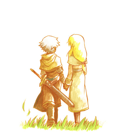 1boy, 1girl, acolyte_(ragnarok_online), aged_down, artist_request, blonde_hair, brown_gloves, brown_shirt