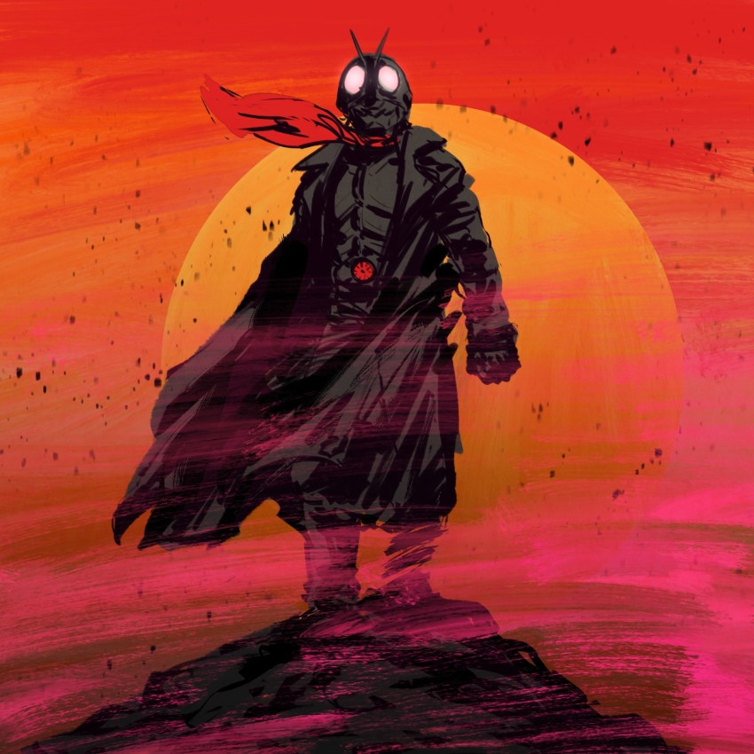 1boy, black_coat, clenched_hand, coat, glowing, glowing_eyes, hat, highres, kamen_rider, kamen_rider_1, kamen_rider_1_(shin), kamen_rider_1_(shin_kamen_rider), limited_palette, long_coat, male_focus, red_scarf, red_sky, rider_belt, scarf, shin_kamen_rider, sky, spot_color, standing, sun, sun_hat, sunset, superlog, tokusatsu, typhoon_(shin_kamen_rider)