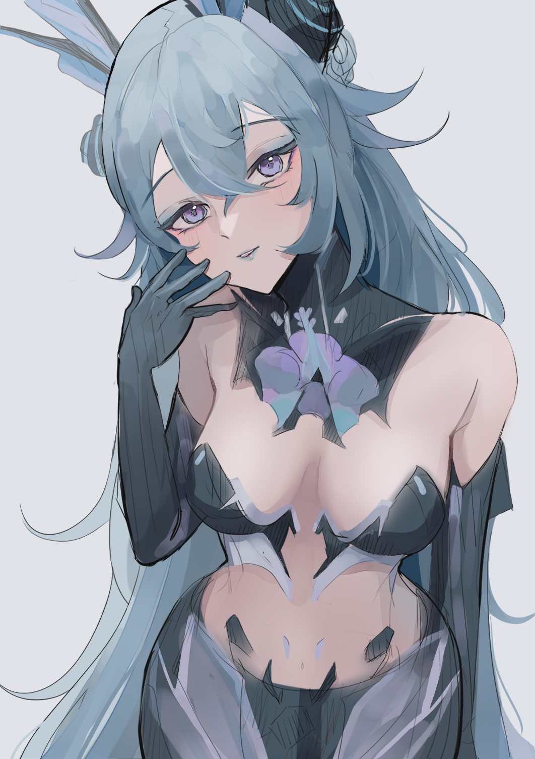 1girl, adhesive_bra, aqua_hair, black_bra, black_collar, blush, bra, breasts, collar, cowboy_shot, crossed_bangs, detached_collar, fins, grey_background, grey_lips, hair_between_eyes, hair_ornament, head_fins, highres, lamia:_lost_lullaby_(pgr), lamia_(pgr), long_hair, mechanical_arms, parted_lips, punishing:_gray_raven, purple_eyes, shell, shell_hair_ornament, small_breasts, solo, underwear, very_long_hair, xminee_chu