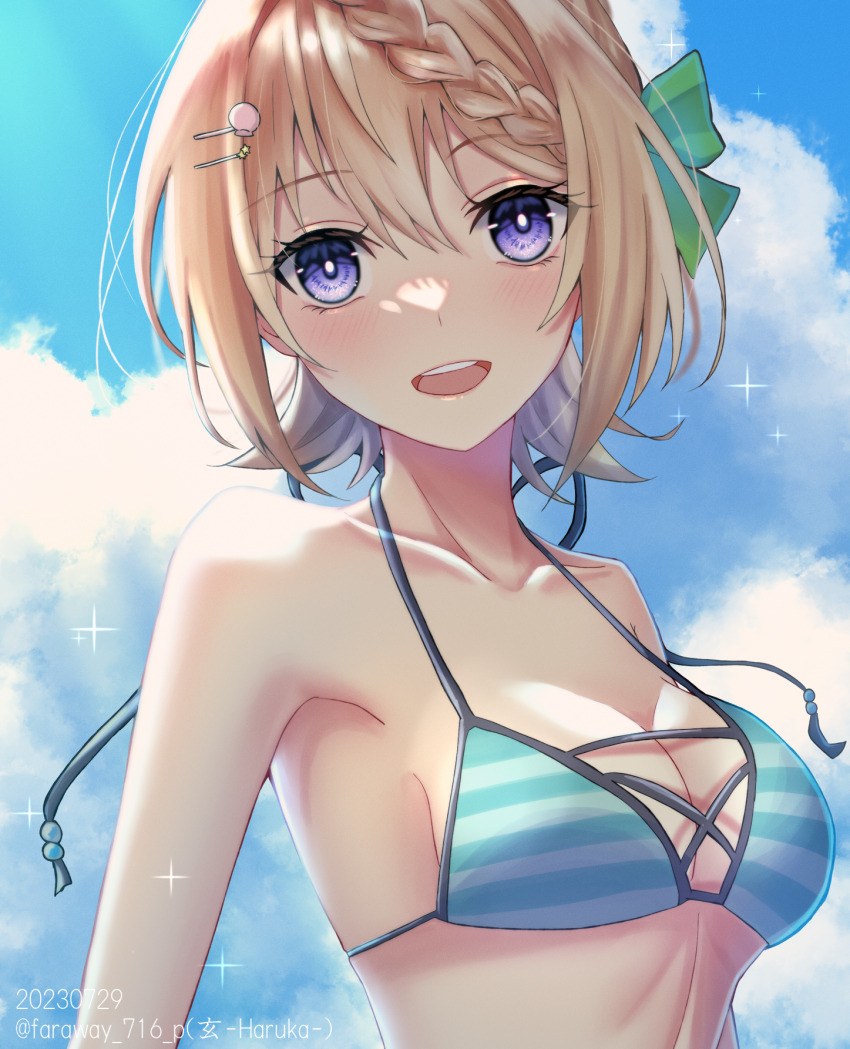1girl, artist_name, bare_arms, bare_shoulders, bikini, blonde_hair, blue_bikini, blush